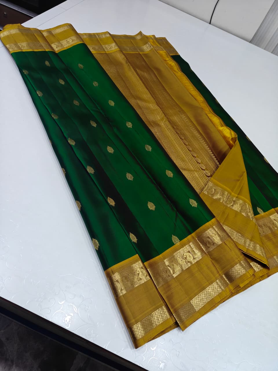 Bottle Green & Antique Gold Brocade Saree
